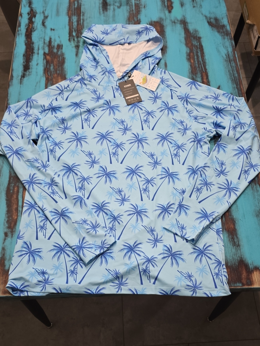 Light Blue Palm-Print Men's Rash Guard Hoodie